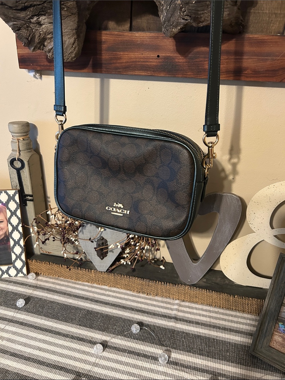 Coach Brown Signature Crossbody with Dark Green Trim and Strap